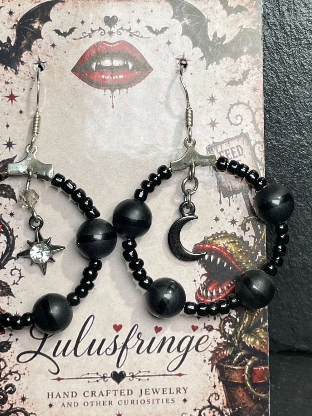 REDUCED Artisan Black Onyx Beaded Hoop Earrings with Moon & Star Charms